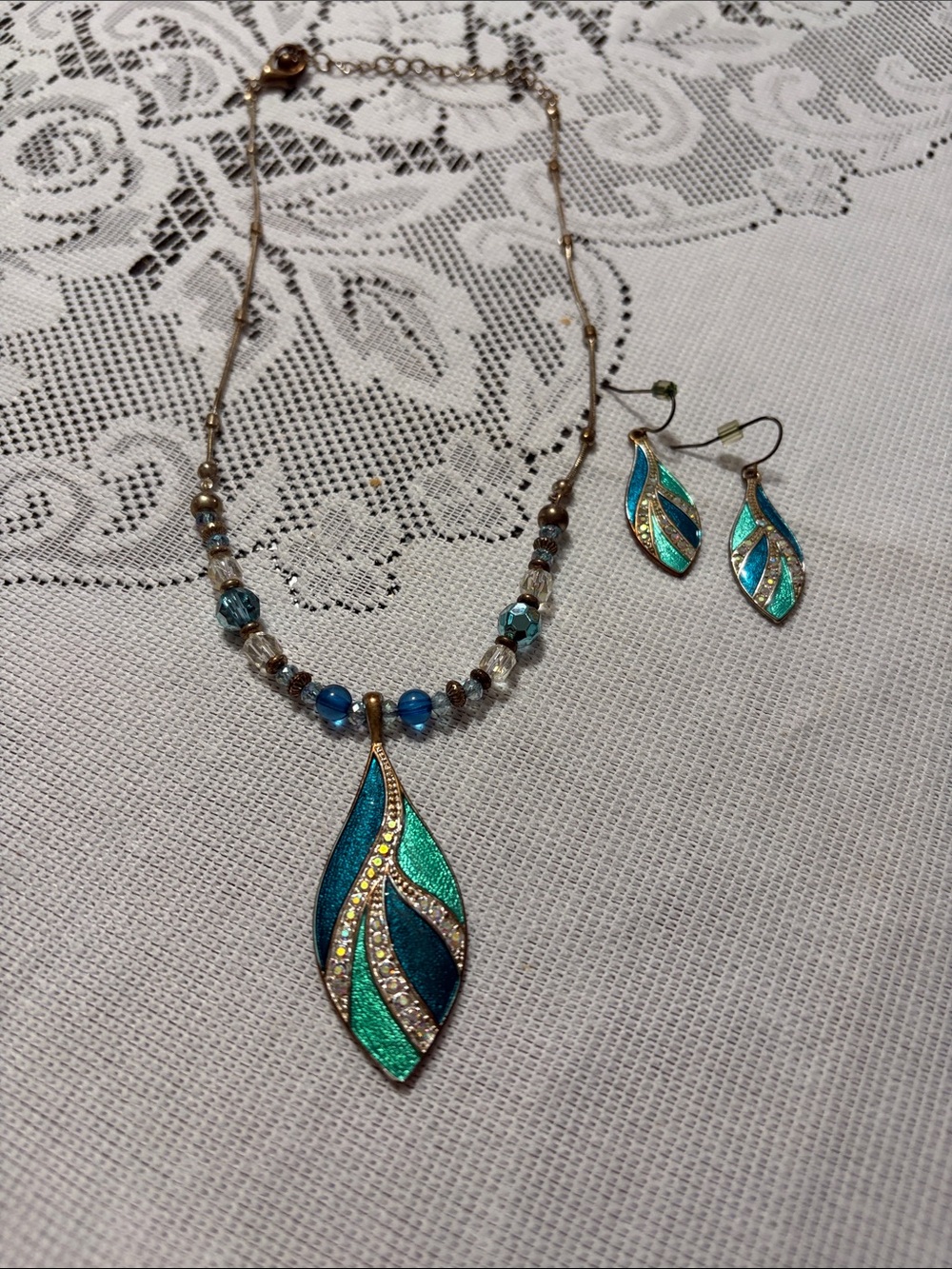Gold-Tone Teal & Turquoise Leaf Pendant Necklace and Earrings Set
